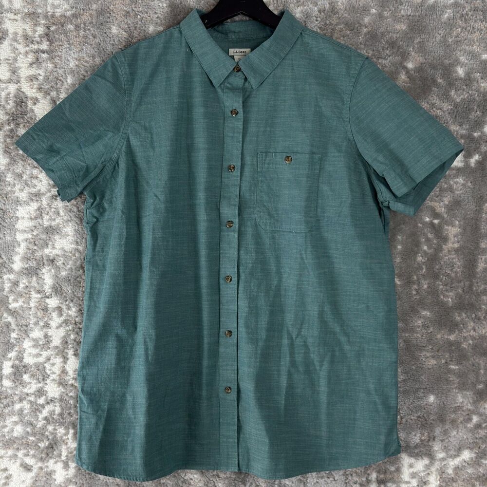 LL Bean Womens Size XL Cotton Button Shirt Green Short Sleeve Casual Collared